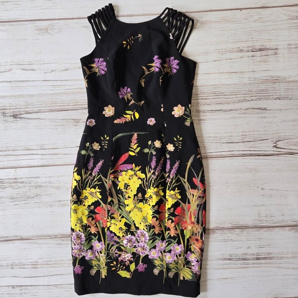 Adrianna Papell Floral Sheath Dress Sleeveless Black Multi Color sz 0